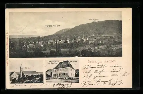 AK Leimen, Gasthaus & Bäckerei Leo Bertelé, Kirche, Ortsansicht