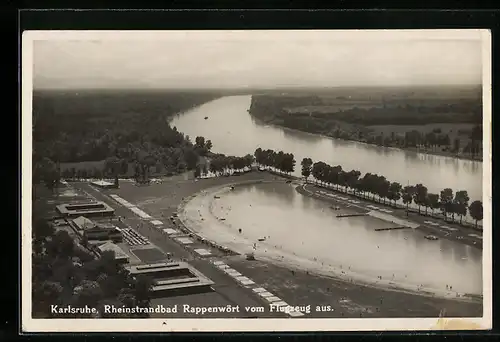 AK Karlsruhe, Rheinstrandbad Rappenwört aus dem Flugzeug gesehen