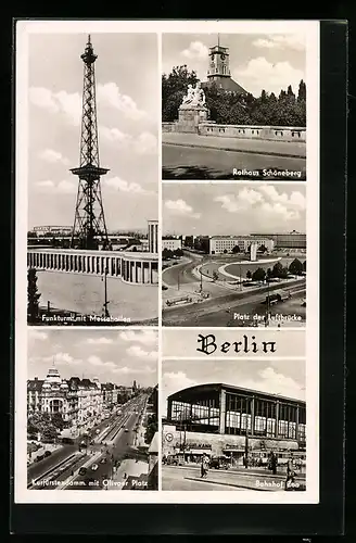 AK Berlin-Charlottenburg, Funkturm mit Messehallen und Bahnhof Zoo