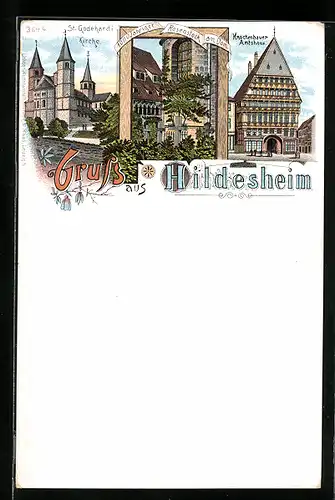 Lithographie Hildesheim, Knochenhauer Amtshaus, St. Godehardi-Kirche, 1000 jähriger Rosenstock am Dom