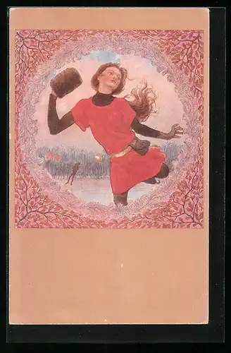 Künstler-AK Fidus: Eisläuferin, junge Frau im roten Kleid mit Muff beim Schlittschuhlaufen