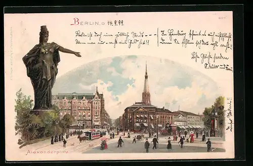 Lithographie Berlin, Alexanderplatz mit Pferdebahn und Passanten