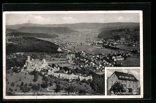 AK Haagen / Baden, Cafe-Restaurant Winter, Ortsansicht mit Röttlerschloss vom Flugzeug aus