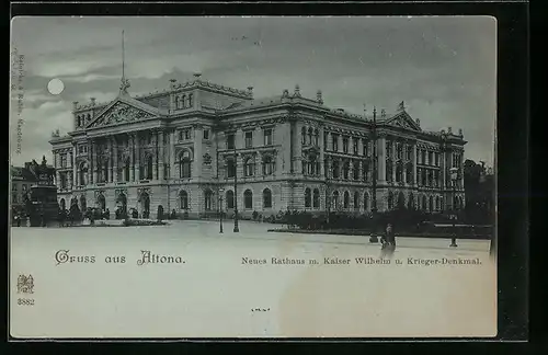 Mondschein-AK Hamburg-Altona, Neues Rathaus mit Kaiser Wilhelm u. Krieger-Denkmal