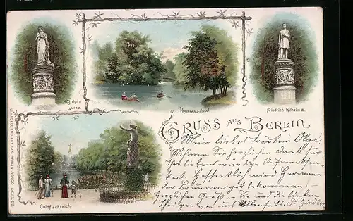 Lithographie Berlin-Tiergarten, Rousseau-Insel, Königin Luise, Friedrich Wilhelm III.