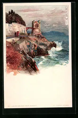 Künstler-Lithographie Manuel Wielandt: Nervi, Küstenstrasse mit Turm