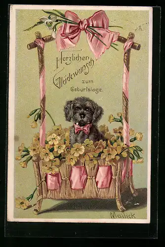 Künstler-AK Alfred Mailick: Terrier in einem Blumenkorb, Geburtstagsgruss