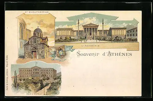 Lithographie Athen, St. Eleutherius, Palais Royale, L`Academie