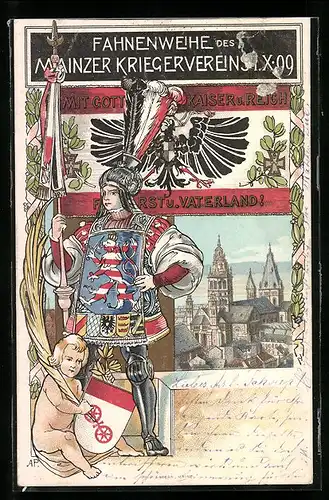 Lithographie Mainz, Fahnenweihe des Mainzer Kriegervereins I.X.99, Krieger mit Rüstung und Kopfschmuck, Stadtansicht