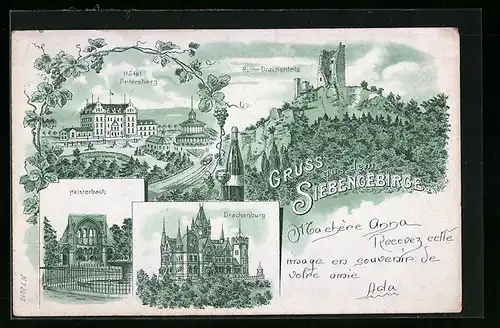 Lithographie Königswinter /Siebengebirge, Hotel Petersberg, Ruine Drachenfels, Drachenburg