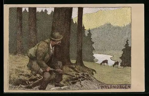 Künstler-Lithographie Paul Hey: Jäger mit Gewehr an einem Waldmorgen