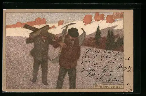 Künstler-Lithographie Paul Hey: Wintersonne, Heimkehrende Arbeiter im Winter