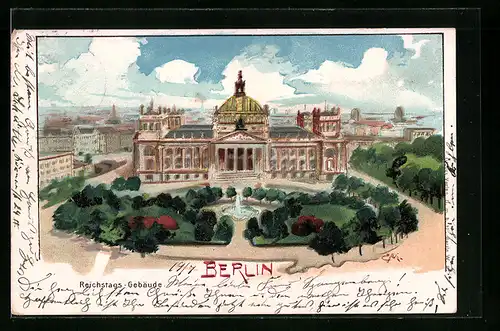 Lithographie Berlin-Tiergarten, Reichstagsgebäude mit Anlagen aus der Vogelschau