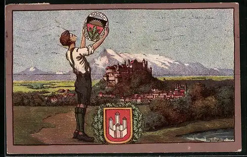 Künstler-AK Salzburg, Gesamtansicht der Stadt, Wappen, Emblem des Deutschen Schul-Verein 1880, Deutscher Schulverein