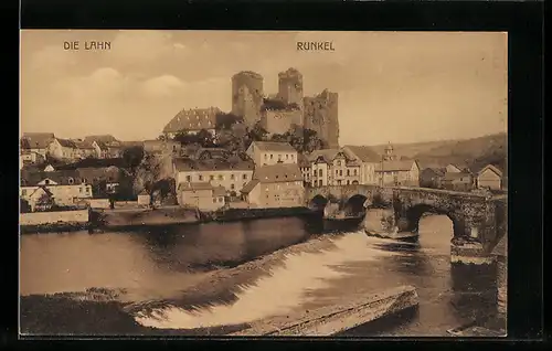 AK Runkel, Flusspartie mit Brücke