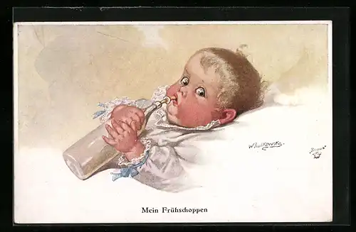 Künstler-AK Wally Fialkowska: Mein Frühschoppen, Baby trinkt im Bett aus einer Nuckelflasche