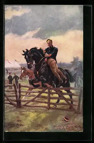 Künstler-AK Harry Payne: Soldat überspringt mit Pferd Zaun