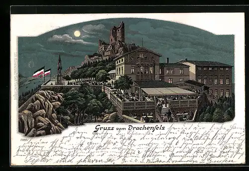 Lithographie Königswinter, Gasthaus Drachenfels