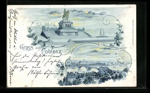 Lithographie Coblenz, Panorama & Provinzial-Denkmal Kaiser Wilhelm I.