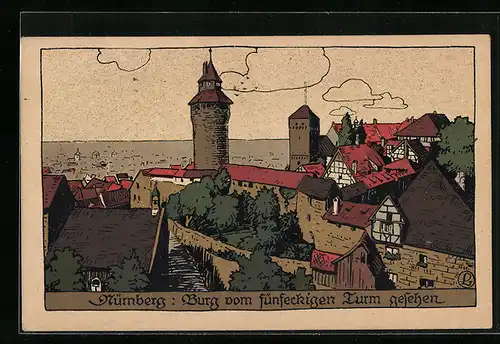 Steindruck-AK Nürnberg, Burg vom fünfeckigen Turm aus gesehen