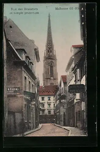 AK Mulhouse, Rue des Brasseurs et temple protestant