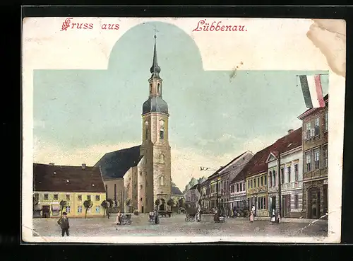 AK Lübbenau, Strassenpartie mit Kirche und Flagge