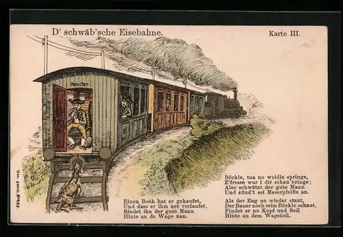 Lithographie D`schwäb`sche Eisebahne, Karte III., Einen Bock hat er gekauft...