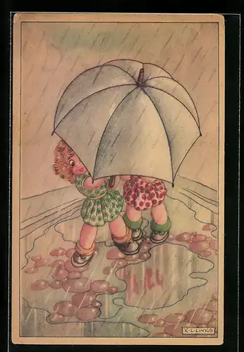 Künstler-AK Karel L. Links: Zwei Mädchen unterm Regenschirm
