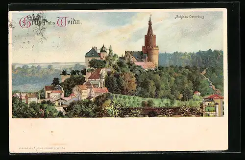 Lithographie Weida, Ortsansicht mit Osterburg