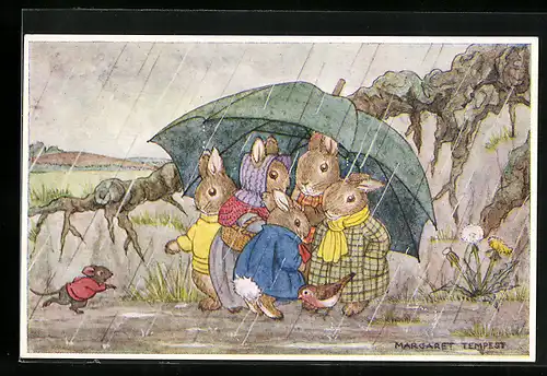 Künstler-AK Margaret Tempest: Hasen mit einem Regenschirm