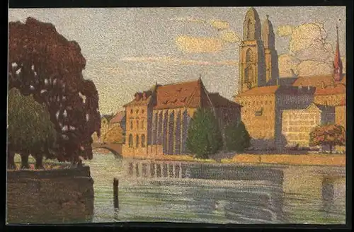 Künstler-Lithographie Ernst E. Schlatter: Zürich, Blick auf Alt-Zürich