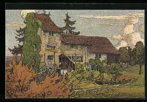 Künstler-Lithographie Ernst E. Schlatter: Zürich-Enge, Haus z. Stock