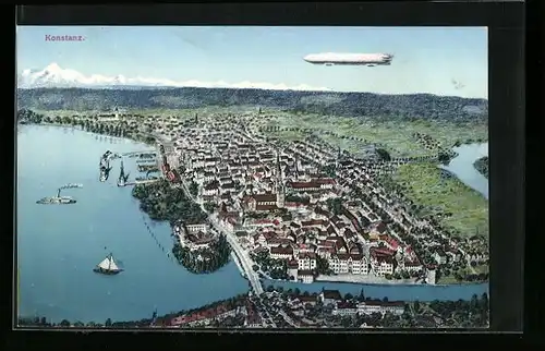 AK Konstanz, Totalansicht mit Zeppelin