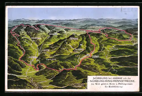 Künstler-AK Eugen Felle: Nürburg, Blick zum Ort mit der Nürburg-Ring-Autorennstrecke