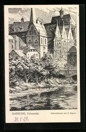 Künstler-AK Marburg, Blick auf die Universität, Federzeichnung von G. Pippart