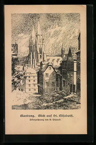 Künstler-AK Marburg, Blick auf St. Elisabeth