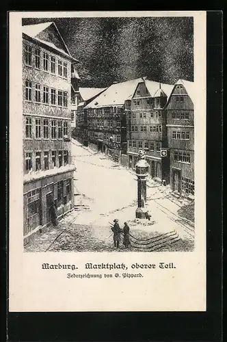 Künstler-AK Marburg, Geschäfte auf dem Marktplatz