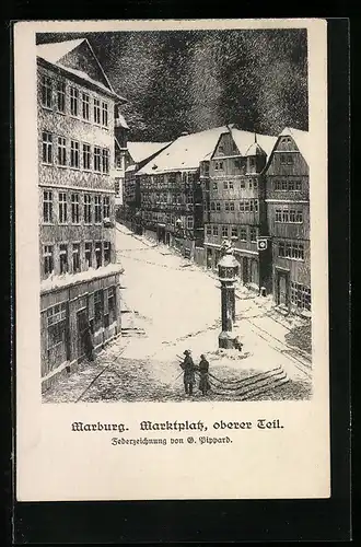 Künstler-AK Marburg, Am Marktplatz, oberer Teil