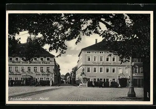 AK Bischofswerda, Marktplatz mit Hotel Goldene Sonne