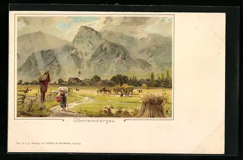 Lithographie Oberammergau, Alte Frau vor dem Wegkreuz