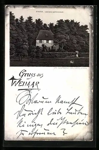 Lithographie Weimar, Goethes Gartenhaus im Park