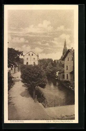 AK Siegburg, Mühlengraben mit Strasse und Kirche