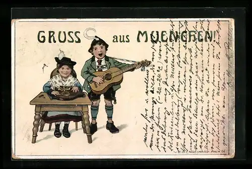 Künstler-AK P. O. Engelhard (P.O.E.): München, Musiker-Duo mit Zither und Gitarre