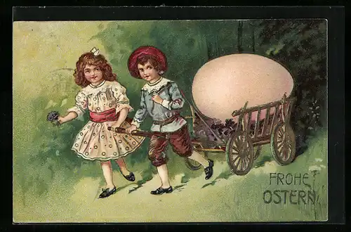 AK Fröhliche Ostern, Kinder mit Wagen & Osterei