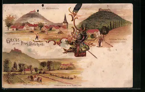 Lithographie Wandersleben, Schloss Gleichen, Wachsenburg, Mühlberger Gleiche