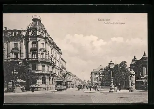 AK Karlsruhe, Carl-Friedrich-Strasse mit Strassenbahn