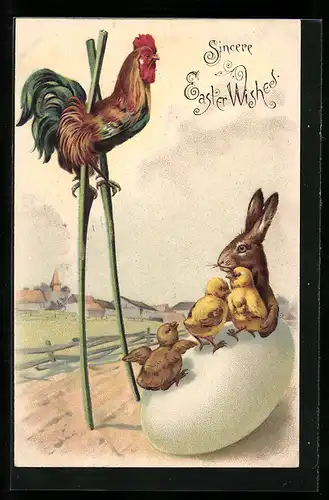 Lithographie Hahn auf Stelzen und Osterhase mit Osterküken auf Ei, Ostergruss