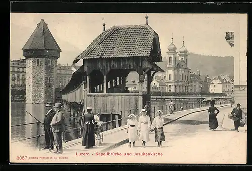 AK Luzern, Kapellbrücke und Jesuitenkirche