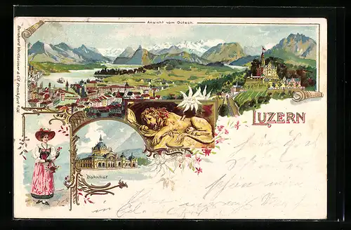 Lithographie Luzern, Bahnhof, Ansicht vom Gütsch