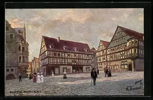 Künstler-AK Alsfeld, Ortsansicht mit Marktplatz